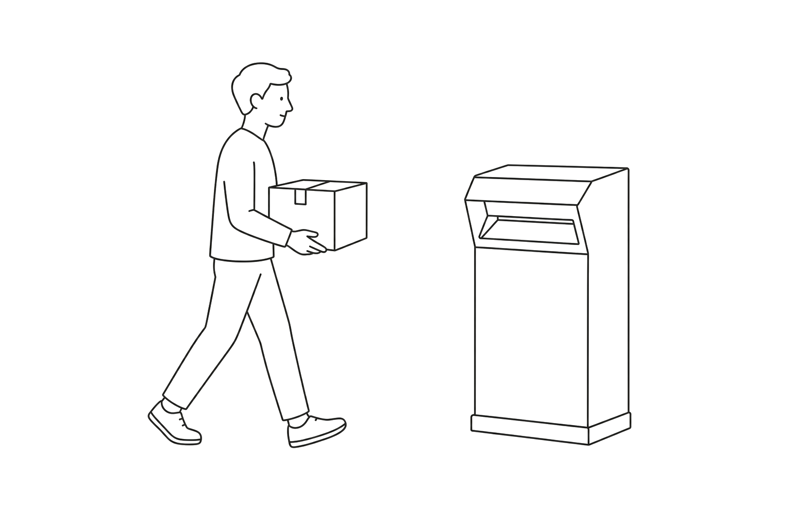 Line illustration of a person carrying a shipping box to a parcel dropoff